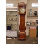 A late 19th century satinwood longcase clock, having inlaid and painted decoration of classical