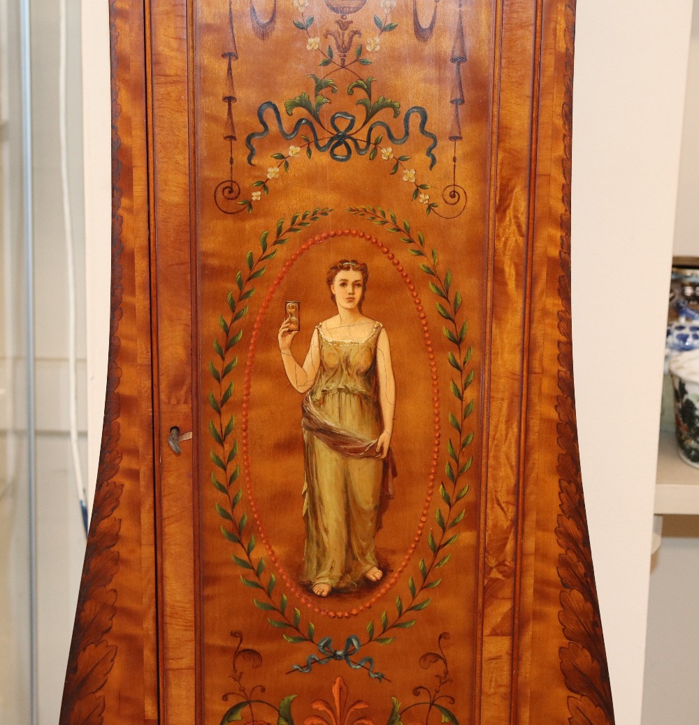 A late 19th century satinwood longcase clock, having inlaid and painted decoration of classical - Image 3 of 79