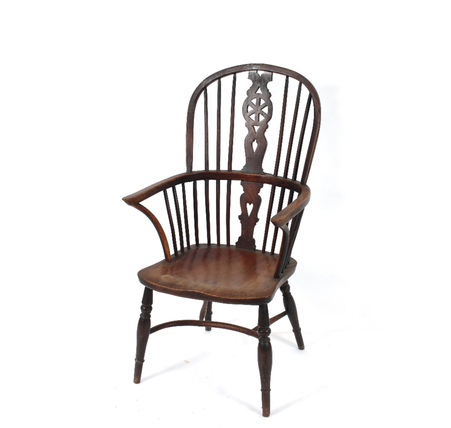 A 19th century elm stick back Windsor elbow chair