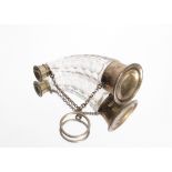 A Victorian French cut glass and white metal mounted scent flask of horn shape, marked AG contained