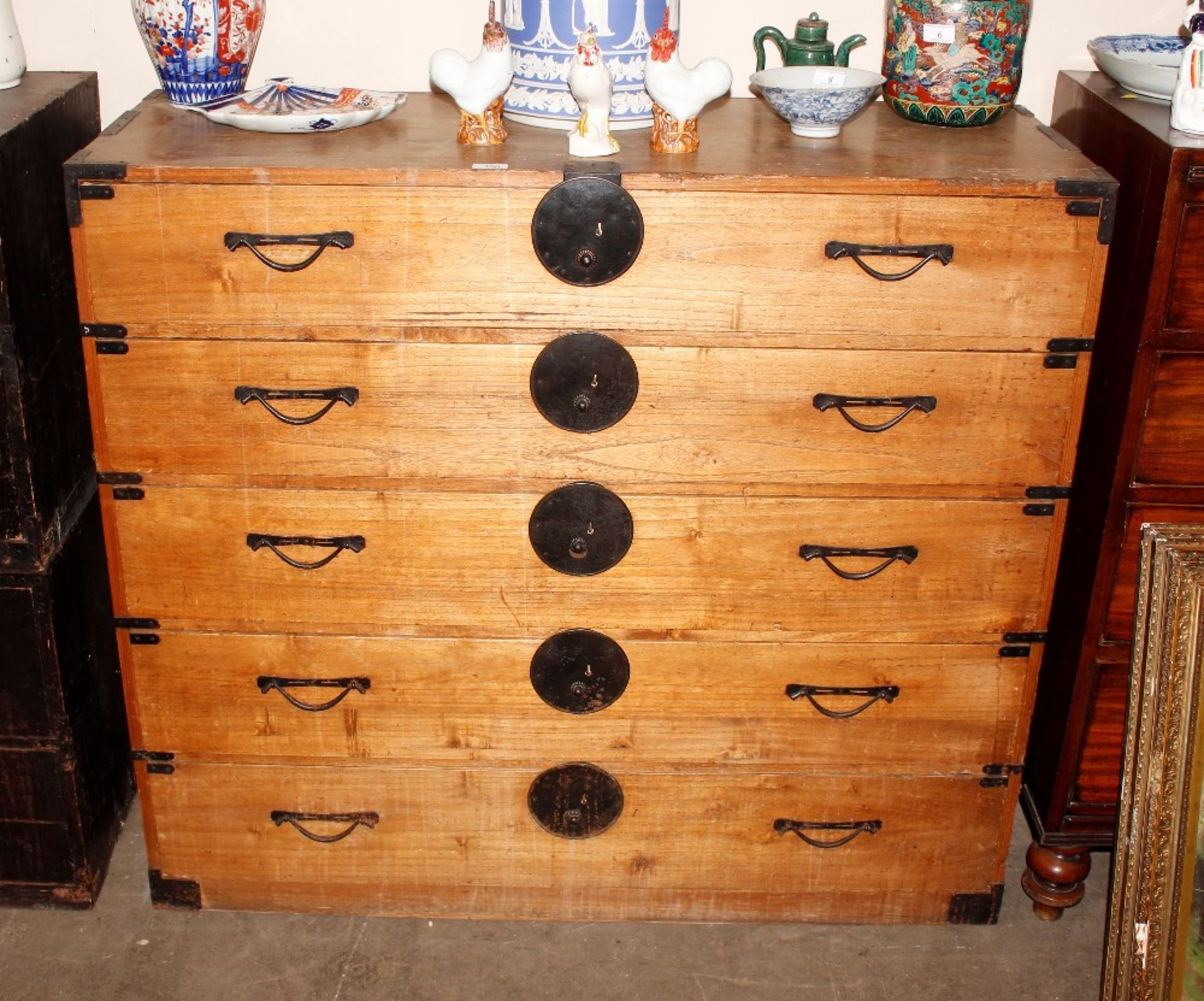 A 19th century Korean metal bound chest, fitted wi