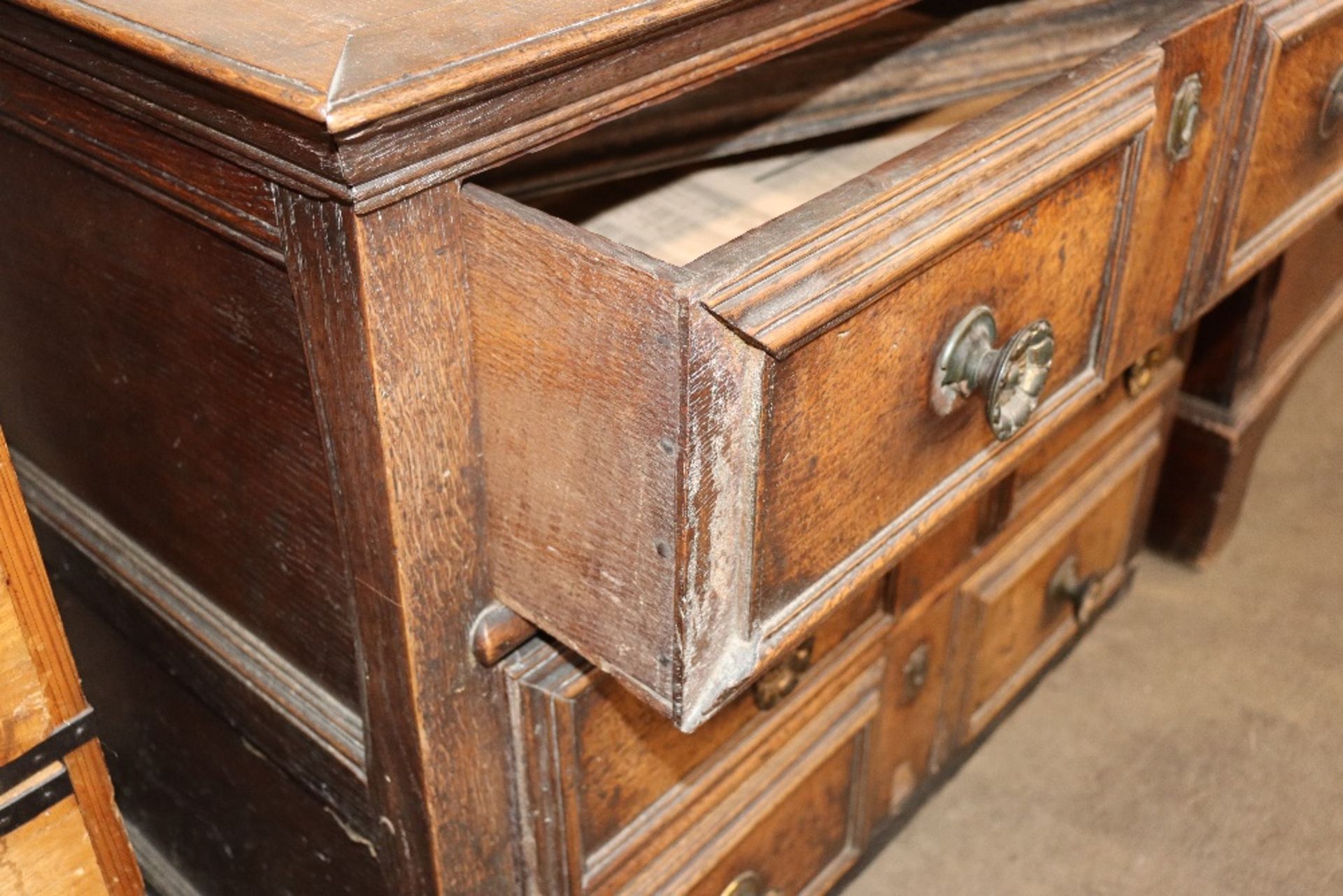 An 18th century oak chest fitted three long drawers, with moulded panel, fronts and sides, 94cm - Image 3 of 3