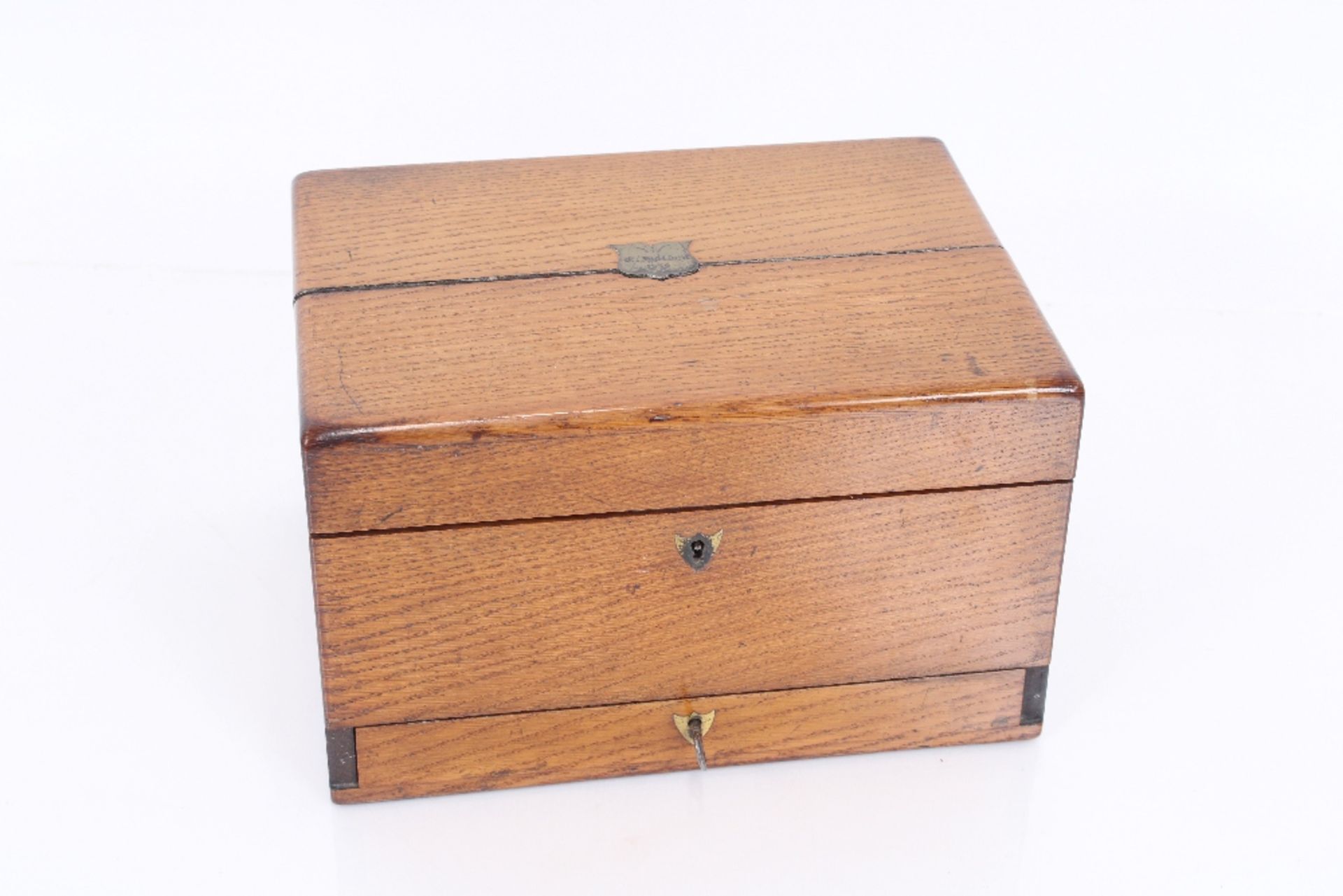 A 19th century golden oak, cased vanity box containing various bottles and tidy jars with foliate - Image 2 of 3