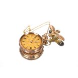 A 9ct gold cased fob watch with gold plated clip and safety chain, approximate total weight 26