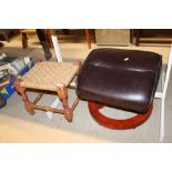 A string topped stool together with a faux leather