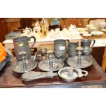 Various antique pewter mugs; three pewter chamber