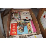 A box containing various ephemera; scrap book etc