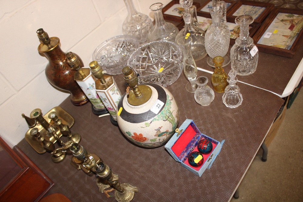 A Cloisonne table vase; a pair of Oriental decorated lamps and a crackle glazed ginger jar converted