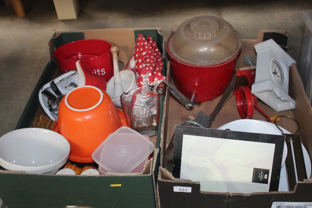 Two boxes containing kitchenalia including pestle