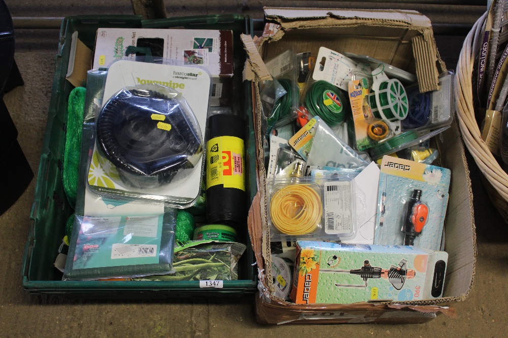 A box containing strimmer wire; garden twine; hose