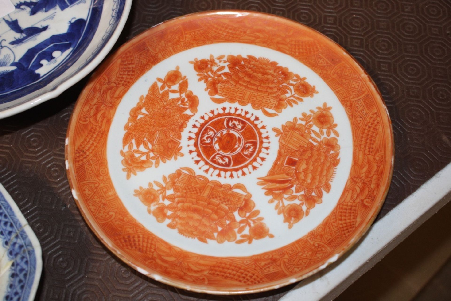 Four various Chinese blue and white dishes and an Oriental orange decorated plate - Image 10 of 11