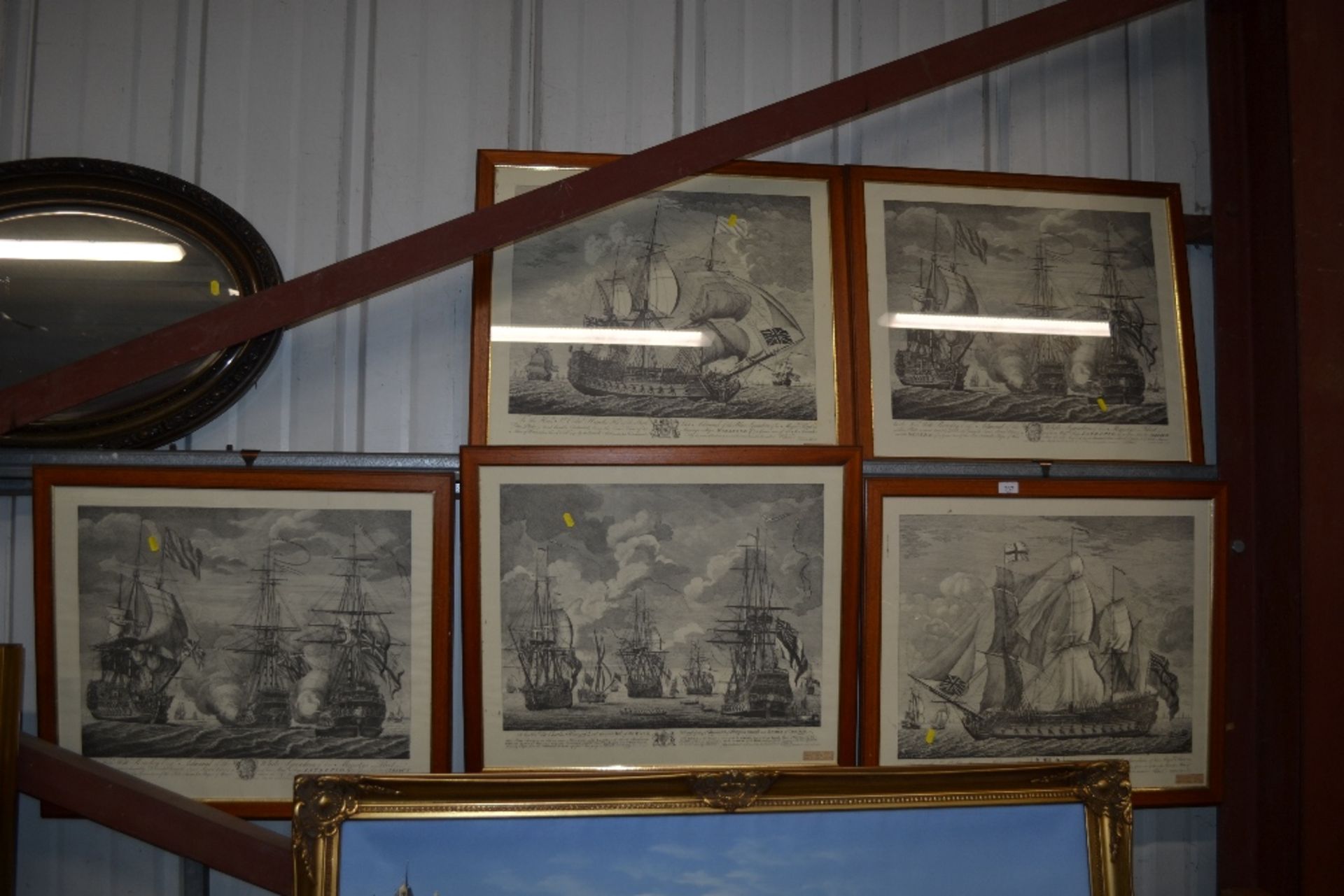 A set of five oak framed marine prints depicting b