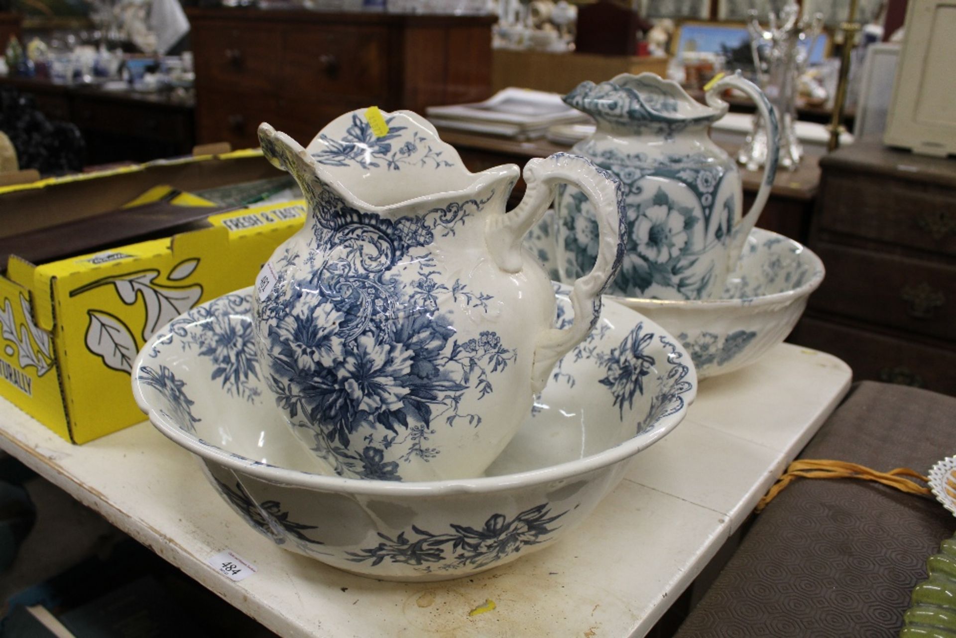 A Victorian blue and white toilet jug and basin; a
