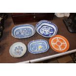 Four various Chinese blue and white dishes and an Oriental orange decorated plate