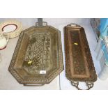 Two Eastern brass twin handled trays