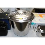 A stainless steel bucket