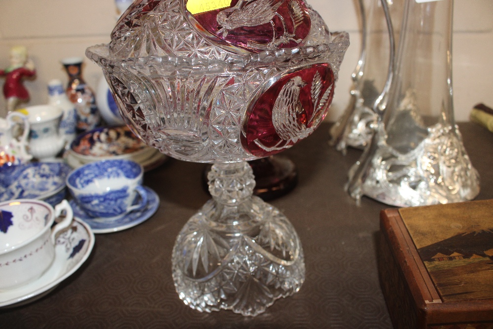 A pair of ruby glass lustre vases AF; a ruby decorate - Image 5 of 7