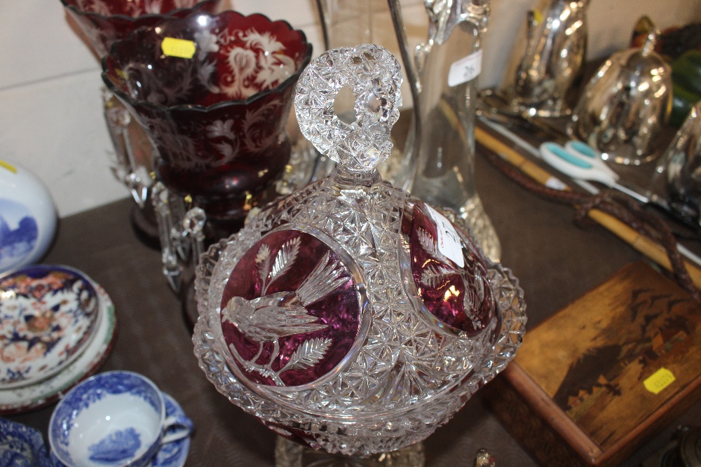 A pair of ruby glass lustre vases AF; a ruby decorate - Image 4 of 7