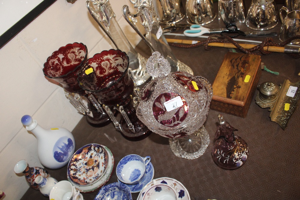 A pair of ruby glass lustre vases AF; a ruby decorate