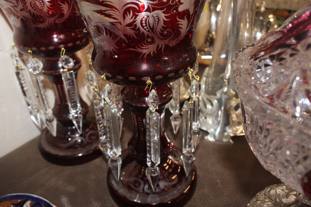 A pair of ruby glass lustre vases AF; a ruby decorate - Image 3 of 7