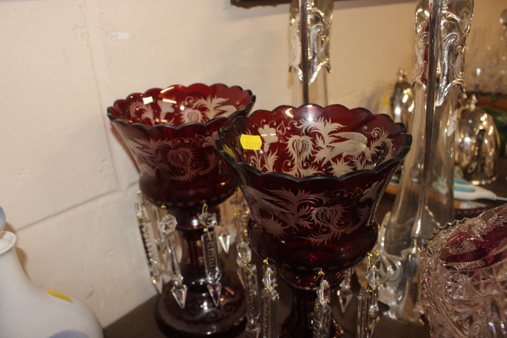 A pair of ruby glass lustre vases AF; a ruby decorate - Image 2 of 7