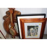 Two framed prints; a barometer and a wall clock