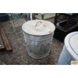 A galvanised water carrier bin with lid and twin h