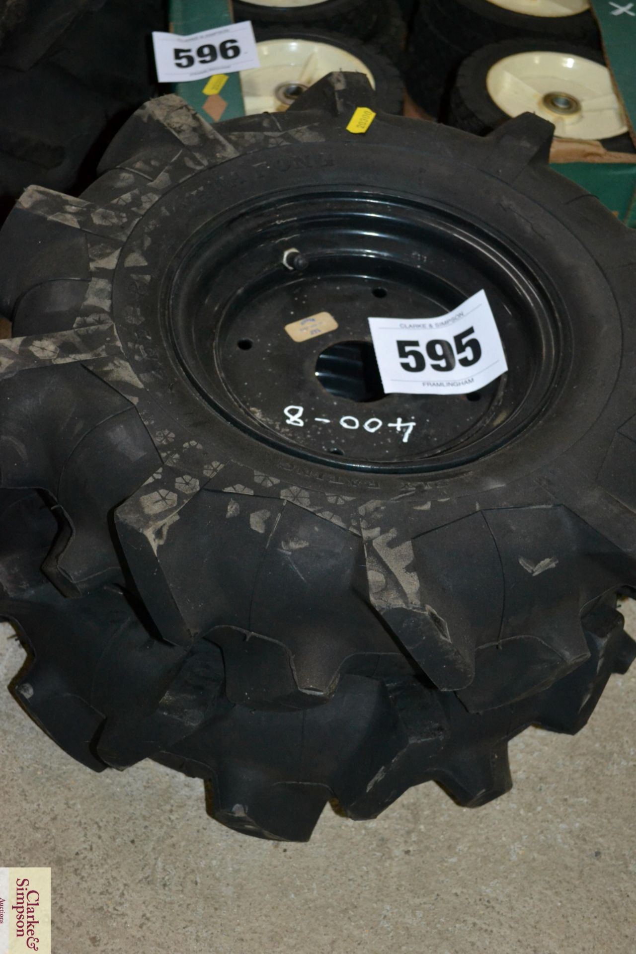 Pair of unused 4.00-8 drive wheels and tyres. V