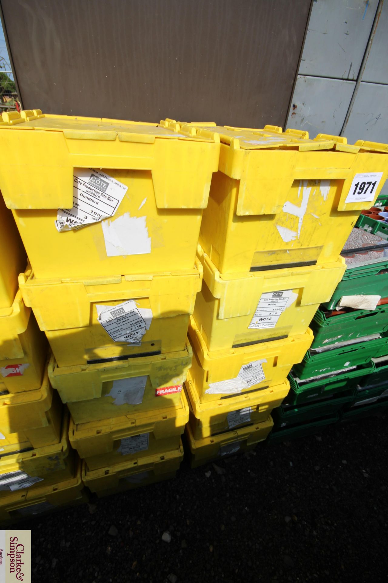 10x stacking lidded storage crates. Containing a l