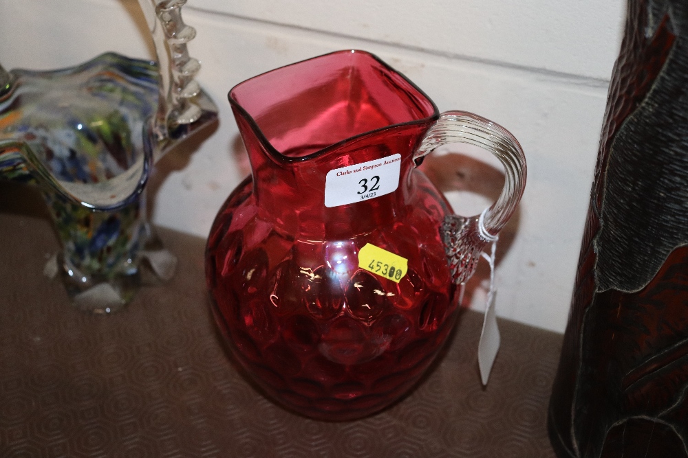 A cranberry glass baluster water jug; a Vasart type amber and mottled glass bowl with ribbed - Image 15 of 18