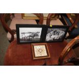 A framed Victorian tile and two photographs