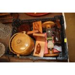 A tray of various decorative wooden items includin