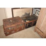 Three vintage leather and canvas trunks