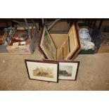 A box of miscellaneous pictures and a mirror