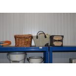 Two wicker storage baskets and various other stora