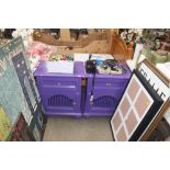 Two purple painted bedside cupboards fitted single
