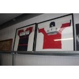Two framed rugby shirts, one baring signatures