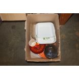 A box containing kitchenalia; studio pottery bowl