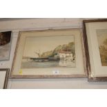 J.A. Davies, watercolour study of Pin Mill depicting moored sailing barge