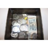 A tin of various crowns and bank notes etc