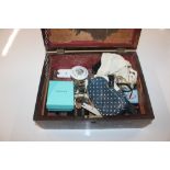 An inlaid trinket box and contents of various cost