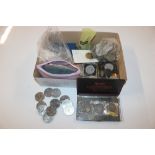 A box containing various coinage, bank notes to inc