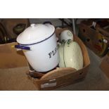 A box of various enamel ware and kitchenalia