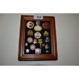A framed collection of enamel and other badges