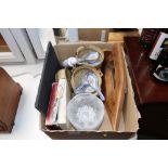 A box containing Stoneware dinner ware, rustic sma