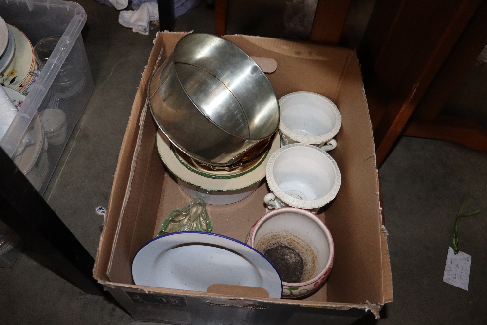 A box containing enamel bowls, vases etc