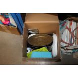 A box of various kitchenalia to include brass tray
