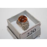 A Hallmarked Sterling silver and amber set ring, s