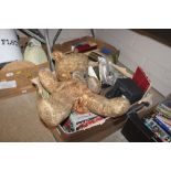 A box of various sundries to include a Teddy bear,
