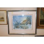 John Russel, watercolour study of a barn in snowy